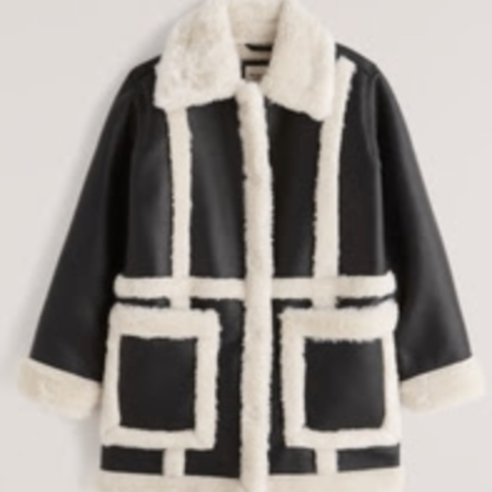 Abercrombie Oversized Sherpa Vegan Leather Coat Women Small Black Chic